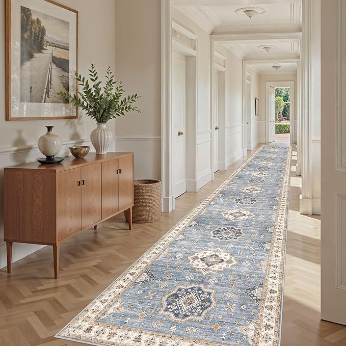 Washable 3x20 Runner Rug - Area Rugs Neutral Vintage Distressed Floral Farmhouse Boho Large Soft Floor Rug Indoor Carpet for Hallway Entryway Home - Blue-Ruum Studio Home