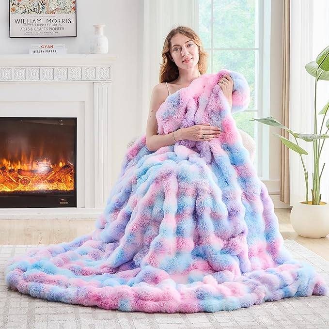 Lotus Karen Faux Fur Throw Blanket Tie-Dye Purple Rainbow - Big Bubble Rabbit Fluff Blanket for Couch, Small Fluffy Fuzzy Cozy Blanket,Thick Furry Plush Shaggy Blankets,50x60 Inches-Ruum Studio Home