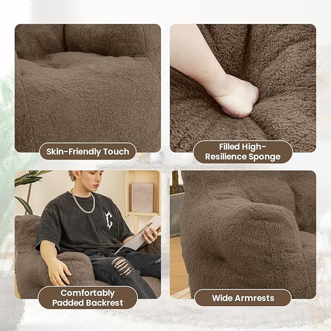 Bean Bag Chair with Filler, Bean Bag Sofa with Tufted Soft Stuffed Filling, Fluffy and Lazy Sofa, Comfy Cozy BeanBag Chairs with Memory Foam for Dorm, Apartment, Living Room (Brown)-Ruum Studio Home