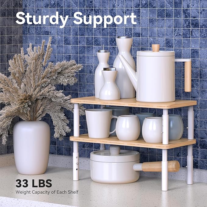 Cabinet Organizer Shelf, Spice Rack Set of 2 Kitchen Pantry Cupboard Shelves, Stackable, Height Adjustable, Natural Bamboo (15.6" W)-Ruum Studio Home