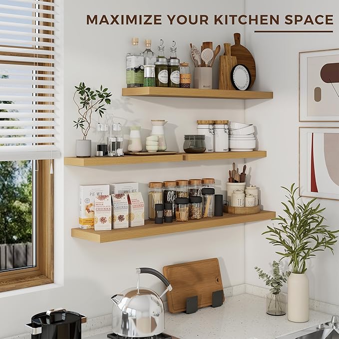 48 inch Floating Shelves for Wall Large Wall Mounted Shelves with Invisible Brackets, Oak Long Shelves for Bathroom, Living Room, Kitchen, Office, 48x9.1 inch deep Set of 2-Ruum Studio Home