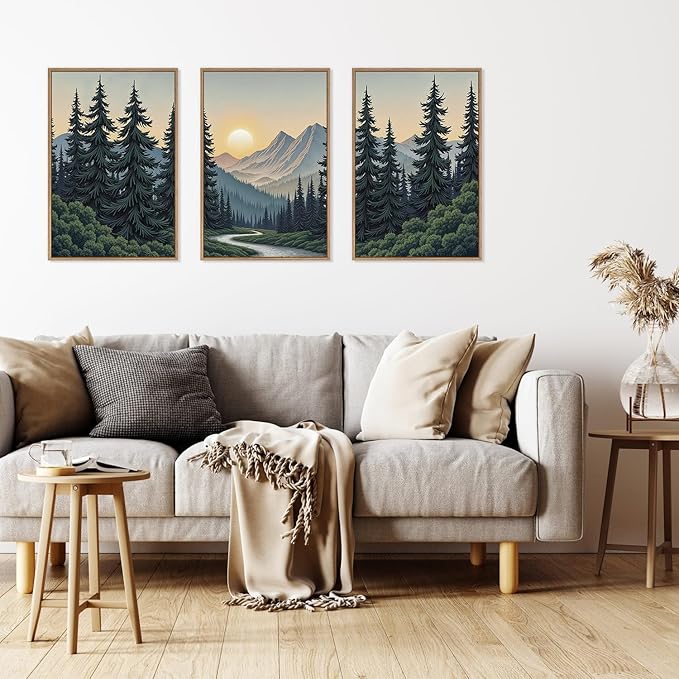 HLNIUC Mountain Forest Sun Framed Wall Art,Large Boho Pine Tree Canvas Wall Decor Set of 3(16”x24”)Ridge Mountain Landscape Picture Prints,Natural Sunset Woodland Wall Painting for Living Room,Bedroom-Ruum Studio Home