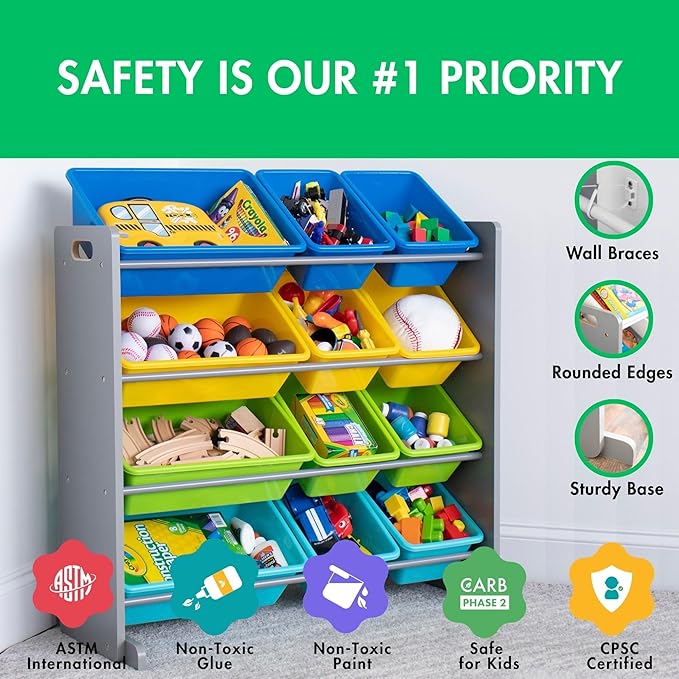 Humble Crew Kids Toy Storage Organizer with 12 Plastic Bins, Grey/Blue/Green/Yellow – Removable Bins for Playroom, Bedroom, Toddler Furniture for Boys and Girls Ages-Ruum Studio Home