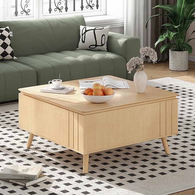 Lift Top Coffee Table with Storage,36" Large Square Coffee Tables for Living Room,Mid Century Modern Center Table for Home Office, Oak-Ruum Studio Home