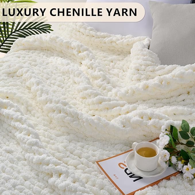 L'AGRATY Chunky Knit Blanket Throw: 80''x90'' Chenille Chunky Knitted Throw Blanket for Bed Couch - Handmade Thick Big Cable Knit Blanket - Large Chunky Crochet Blanket for Home Decor(Cream White)-Ruum Studio Home
