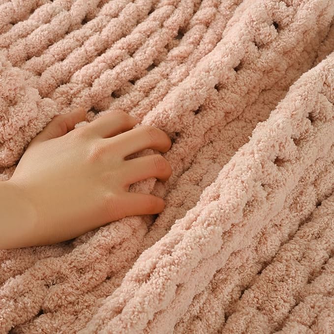 Esterra Chunky Knit Blanket Throw 60"x80", 100% Hand Knitted Chenille Throw Blanket, Cozy Soft Thick Cable Knit Throw Large Rope Knot Crochet Throw Blanket for Sofa Couch Bed, Dusty Pink-Ruum Studio Home