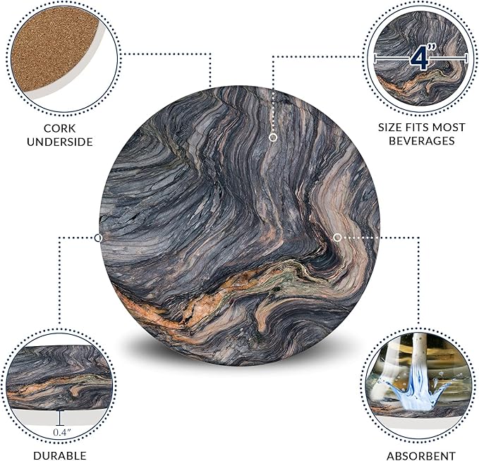 Emerson Coasters for Drinks Absorbent – Natural Stone Drink Coasters Set with Holder, Coasters for Coffee Table, Wooden Tabletop Protection Marble Style – 100% Heavy Duty Set of 6 (Magma)-Ruum Studio Home