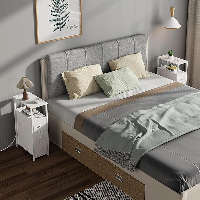 TUTOTAK Narrow Night Stand with Charging Station, Slim End Table with Plugins, Tall Side Table with 3 Fabric Drawer, Small Bedside Table with Storage, Set of 2, Living Room, Bedroom, White TB01BW073-Ruum Studio Home