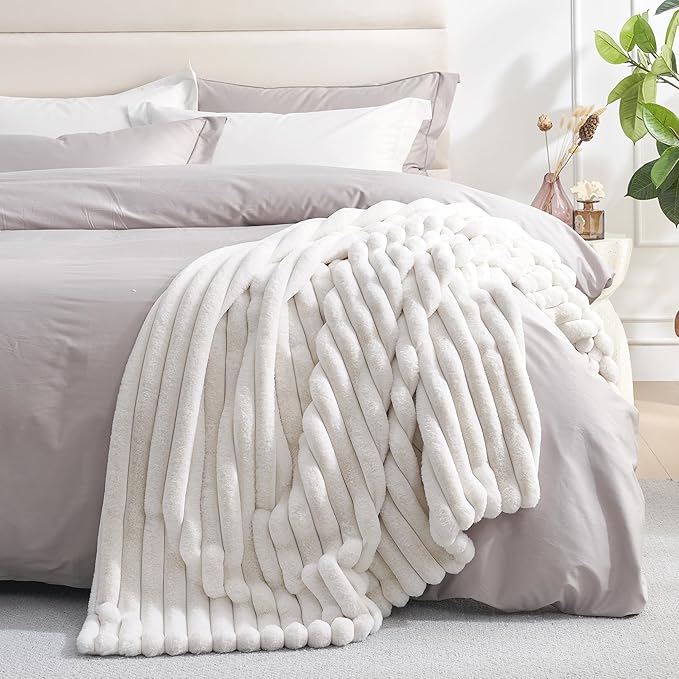 Amélie Home Faux Fur Throw Blanket for Couch, Cozy Fuzzy Fluffy Fur Luxurious Soft Striped Plush Gift Blankets for Family Sofa Chair Bed Living Room Bedroom, 60"x80", Ivory-Ruum Studio Home