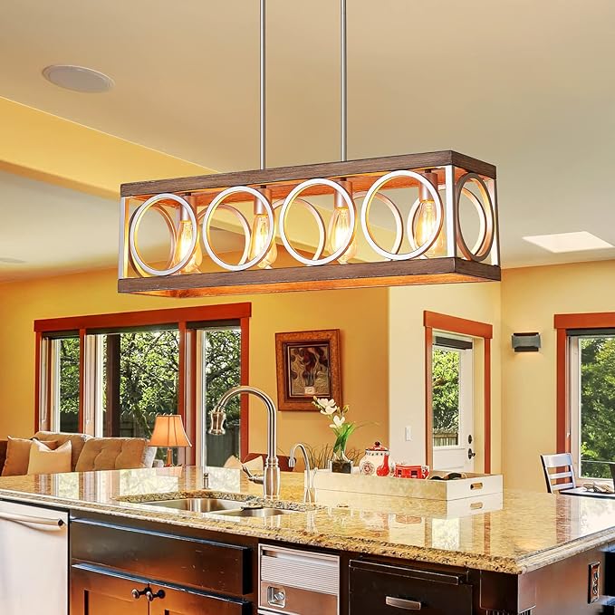 XINGQI Farmhouse Dining Room Chandeliers, Rectangle Vintage Hanging Lighting Fixtures, 4-Light Kitchen Island Lighting, Rustic Metal Chandelier Pendant Light, Antique Wood Grain XY082-Ruum Studio Home