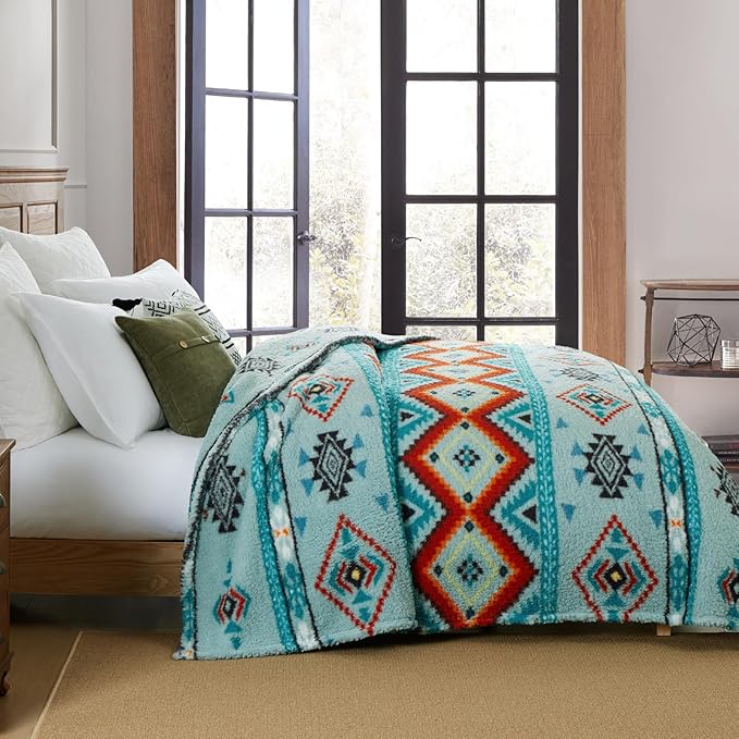 CASAAGUSTO Boho Sherpa Throw Blanket, Aztec King Size Blanket, Ultra Soft, Warm, Cozy, Plush, Thick Fleece Bohemian Throw Blanket for Couch, Bed, Sofa (Aqua 108 * 90 Inch)-Ruum Studio Home