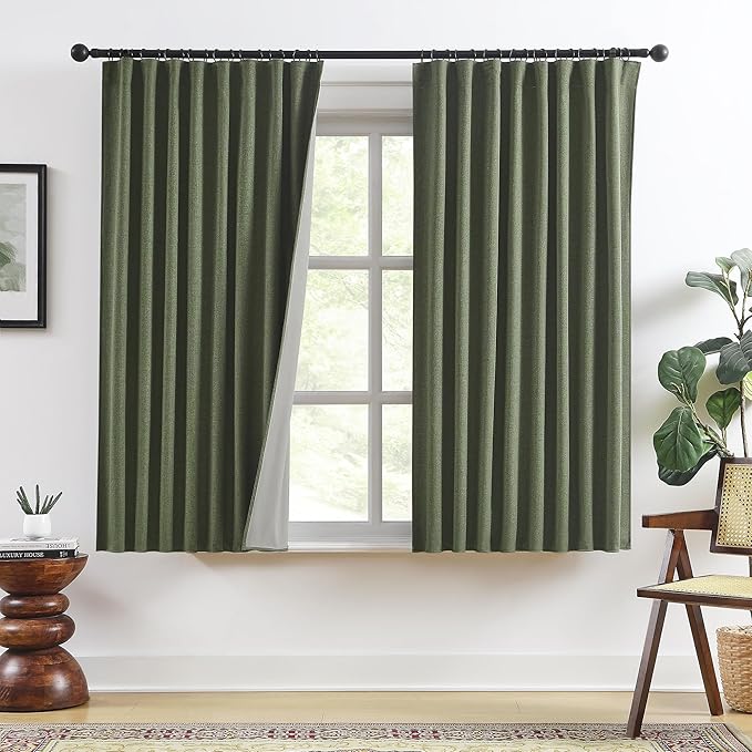 RAIN CITY Dark Olive Green Blackout Curtains Linen 63 Inches Long 2 Panels Set, Back Tab Pleated Look Thermal Insulated Curtains & Drapes for Living Room - Loden/Olive Forest W50 x L63-Ruum Studio Home