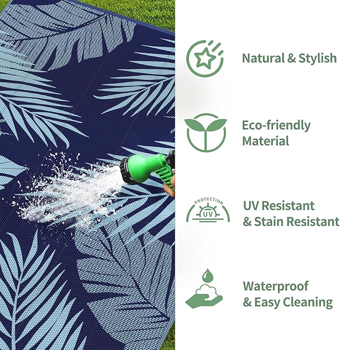 GENIMO Outdoor Rug 9' x 12' Waterproof for Patios Clearance, Reversible Outdoor Plastic Straw Camping Rug Carpet, Large Area Rugs Mats for RV, Camper, Deck, Balcony, Porch, Beach, Navy Blue&Baby Blue-Ruum Studio Home