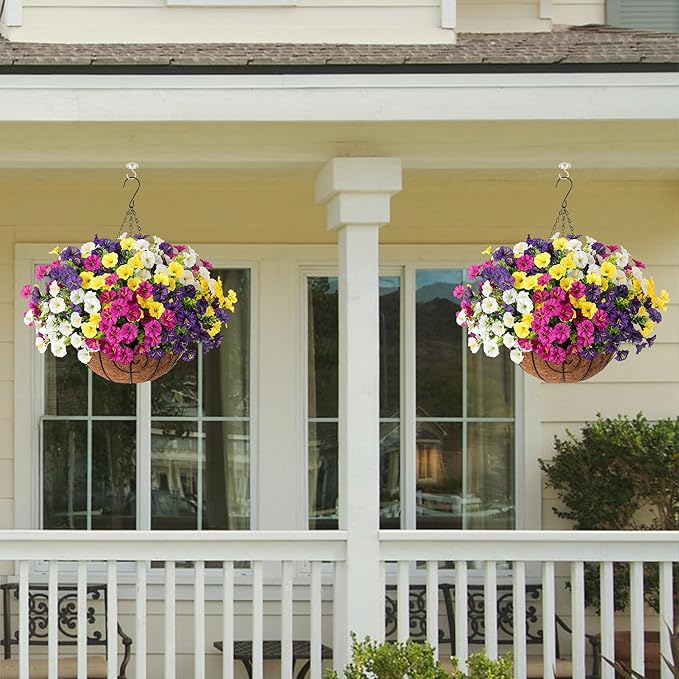 Artificial Faux Hanging Plants Flowers Basket for Spring Summer Outdoors Decoration, Fake Silk Colorful Morning Glory with Eucalyptus Look Real UV Resistant for Outside Porch Patio Balcony Garden Home-Ruum Studio Home