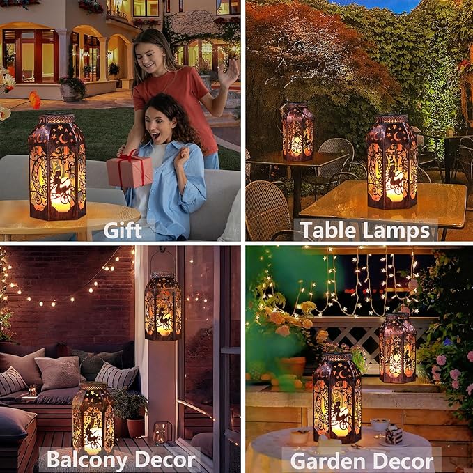 Solar Lanterns Outdoor Hanging Metal Bronze Moon Fairy Lantern, 1 Pack Waterproof Flickering Flameless Candle Mission Lights for Table,Pathway,Garden Gifts for Women, Mothers' Day Gift-Ruum Studio Home
