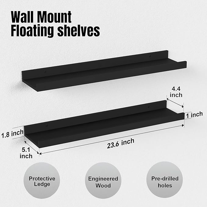 RICHER HOUSE 3 Set Floating Shelves for Wall, Black Wall Mounted Shelves with Lip for Storage, Display Picture Ledge Shelf for Bedroom Bathroom Kitchen Living Room Decor, Modern Black-Ruum Studio Home