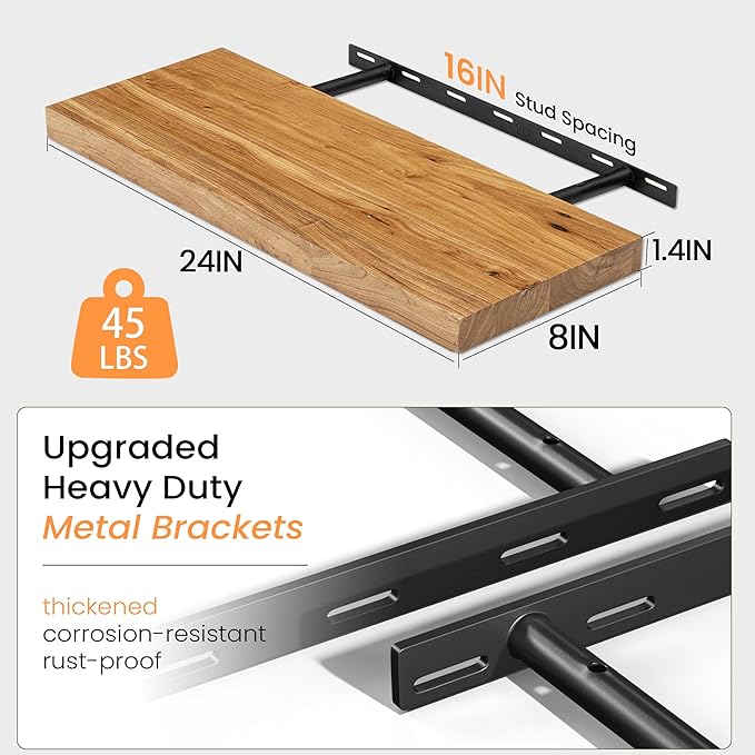 Fun Memories Floating Shelves for Wall, 24 Inch Floating Shelves Wall Mounted, Rustic Elm Wood Shelf, Heavy-Duty Storage Shelves for Books, Bathroom, Kitchen, Natural Finish, Set of 2-Ruum Studio Home