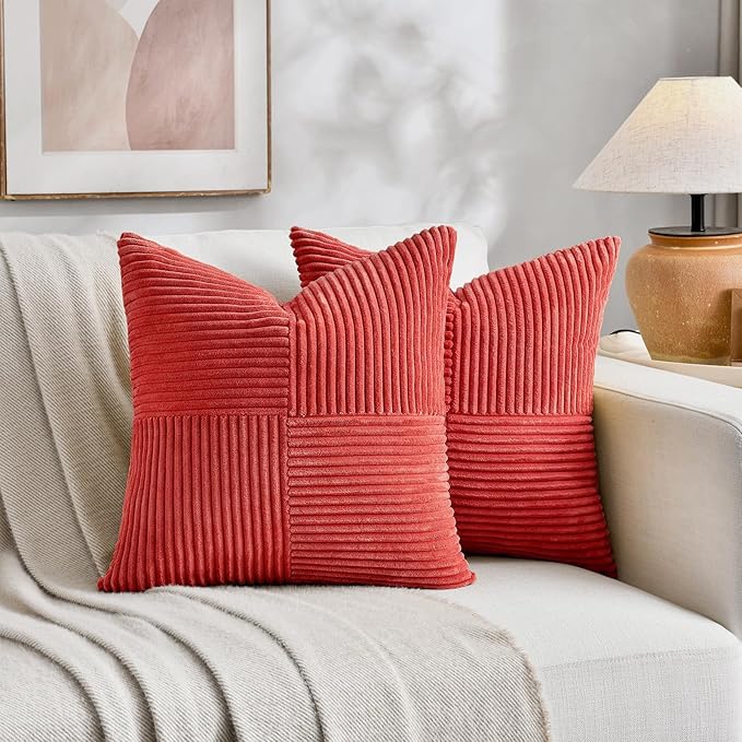 Fancy Homi 2 Packs Red Decorative Throw Pillow Covers 16x16 Inch for Living Room Couch Bed Sofa, Holiday Christmas Home Decor Gift, Soft Corss Patchwork Corduroy Textured Square Cushion Case 40x40 cm-Ruum Studio Home