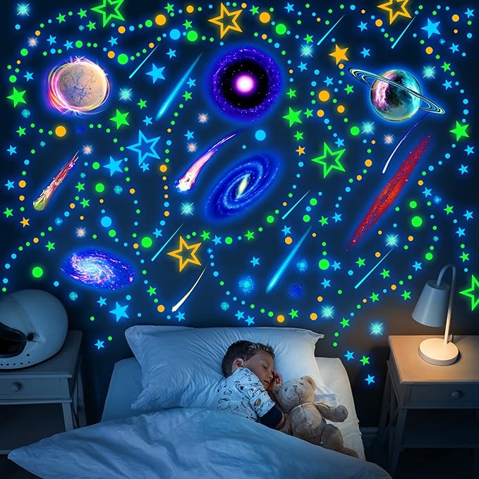 Spakon 495 Pcs Glow in The Dark Moons and Stars Wall Decals for Ceiling,Glowing Planets Wall Stickers Removable Galaxy Solar System Space Decal Nursery Stickers for Kids Bedroom Living Room Decor-Ruum Studio Home