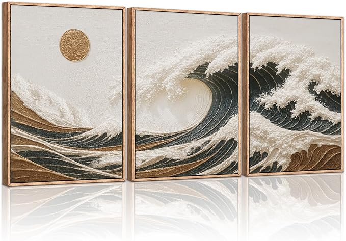 HLNIUC Sea Wave Framed Canvas Wall Art,Abstract Sun Seascape Wall Decor Set of 3(16”x24”) Large Modern Ocean Beach Art Print,Great Wave Sunset Pictures Canvas Famed Painting for Living Room,Bedroom-Ruum Studio Home