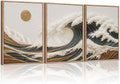 HLNIUC Sea Wave Framed Canvas Wall Art,Abstract Sun Seascape Wall Decor Set of 3(16”x24”) Large Modern Ocean Beach Art Print,Great Wave Sunset Pictures Canvas Famed Painting for Living Room,Bedroom-Ruum Studio Home