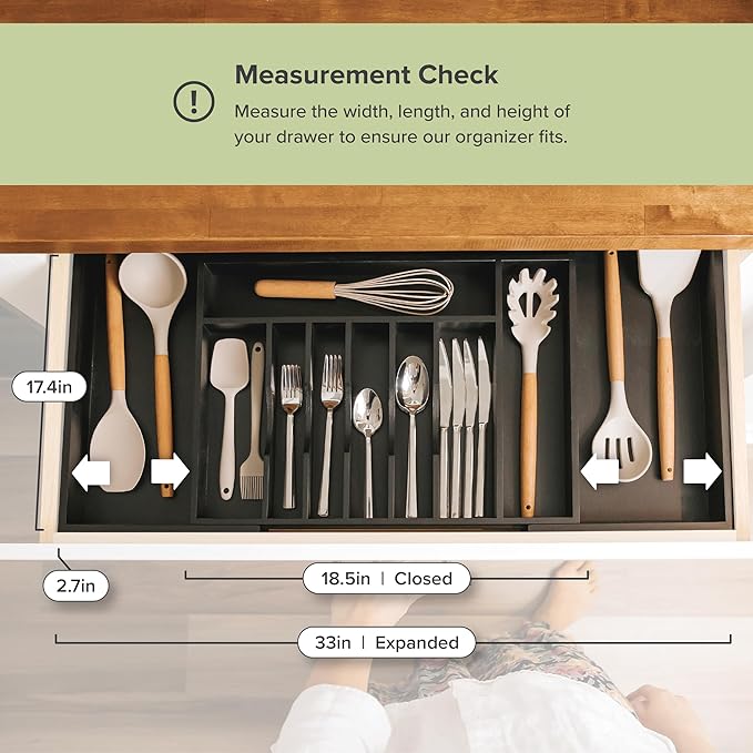 Premium Silverware, Flatware and Utensil Organizer for Kitchen Drawers, Food-Safe Contract Grade, Expandable from 18 to 33 In, Black Bamboo-Ruum Studio Home