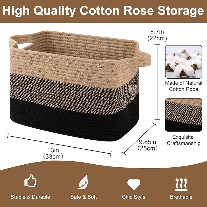Storage Basket for Organizing, Woven Baskets for Storage, Rectangle Decorative Baskets for Shleves, Closet, Toys, Books, Nursery Organizer Bins - Pack of 3 (Black & Brown)-Ruum Studio Home