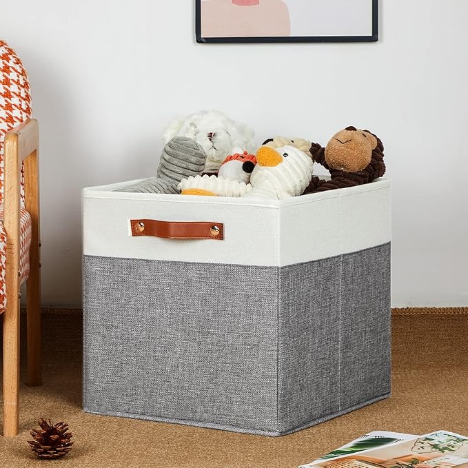 HNZIGE Foldable Storage Bins 13x13 Storage Cubes Set of 4 Fabric Linen Storage Baskets for Shelves Drawer with Handles Organizer for Shelves Toy Nursery Closet Bedroom-Ruum Studio Home