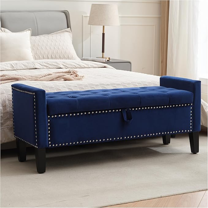 Storage Ottoman Bench, Velvet Upholstered Footstool for Bedroom and Living Room, Tufted Seat with Storage, Wooden Legs & Metal Rivets, Dark Blue-Ruum Studio Home