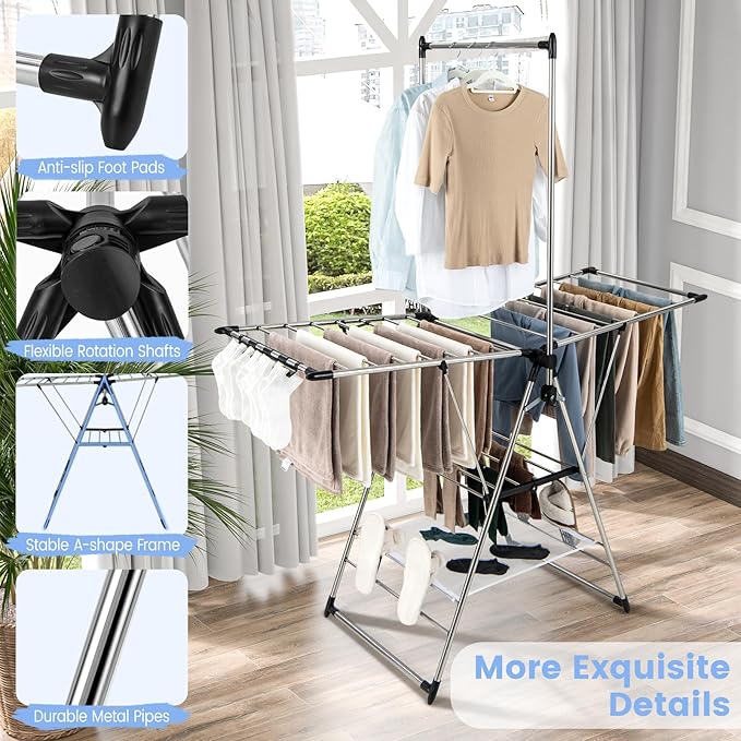 Giantex Clothes Drying Rack, Foldable Laundry Drying Rack with with 6-Level Adjustable Height, High Hanger Design, Side Clips, Space Saving Collapsible Laundry Drying Rack-Ruum Studio Home