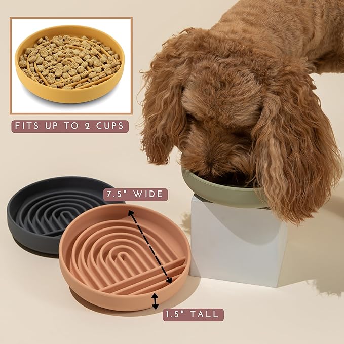 The Slowdown Bowl Silicone Slow Feeder for Dogs & Puppies, Slow Eating, Modern Lick Mat Design, Reduces Gulping, Fits 2 Cups 7.5” Across x 1.5” Tall, Mealtime Challenge, Medium-Charcoal-Ruum Studio Home
