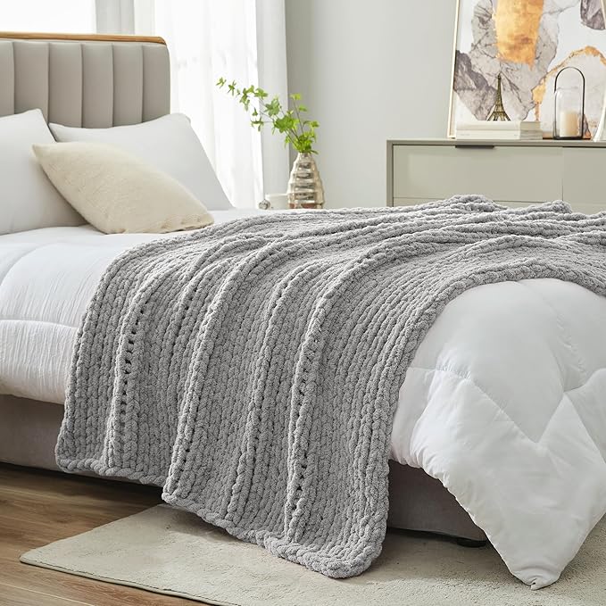 Amélie Home Chunky Knit Throw Blanket for Couch, Soft Chenille Crochet Blanket for Sofa, 50"x60", Light Grey-Ruum Studio Home