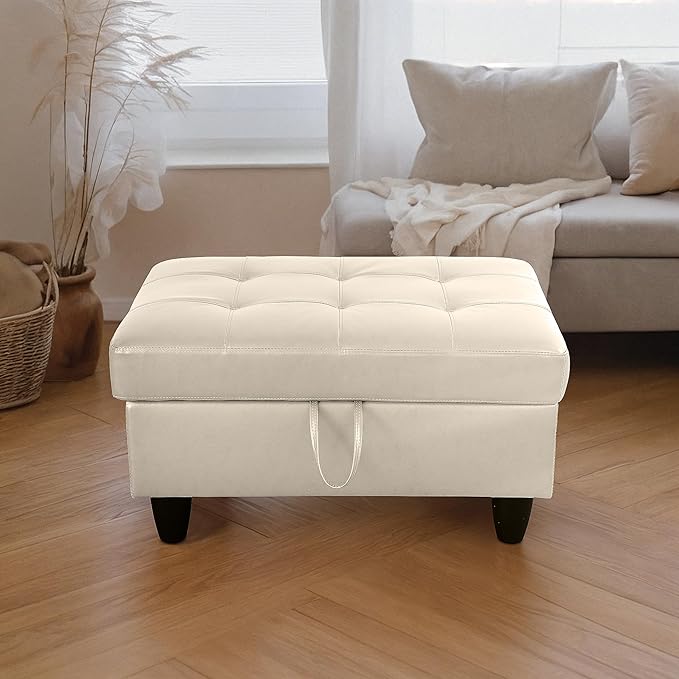 Ottoman Rectangular Storage Ottoman Bench, Faux Leather Footrest, Coffee Table, Stool Footstool with Hinged Lid for Living Room, Bedroom, Entryway, Champagne, 35"x23.5"x17.5"-Ruum Studio Home
