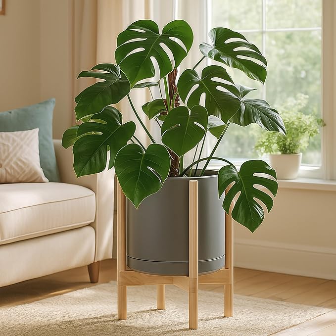 D'vine Dev Ceramic Planter with Natural Stand - 12 Inch Modern Round Flower Pot with Wood Planter Holder, Grey, 55-B-J-3-Ruum Studio Home