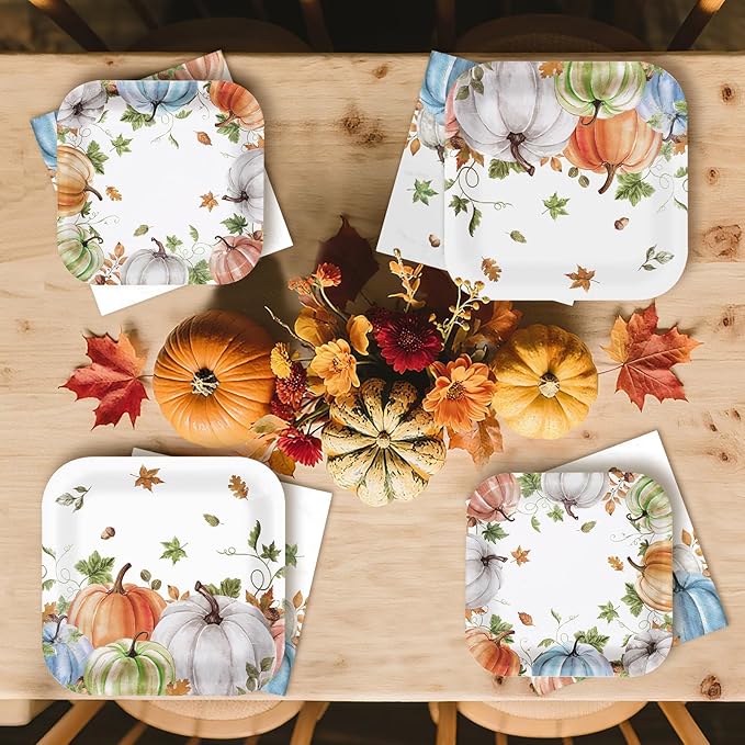 Grencian 200Pcs Fall Plates and Napkins Square Autumn Pumpkin Plates Thanksgiving Paper Platter Tableware Sets for Thanksgiving Harvest Party Decorations, Serves 50-Ruum Studio Home