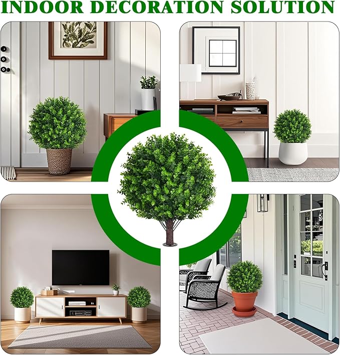 Artificial Topiary Tree with Eucalyptus, Set of 2 Artificial Shrub Bushes with Ground Spike, Fake Evergreen Tree for Porch, Artificial Plants for Outdoor Planters Indoor UV Resistant-Ruum Studio Home