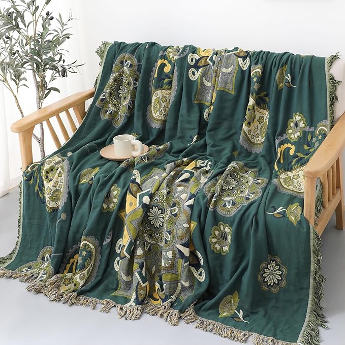 Snycler Boho Throw Blanket for Bed - 100% Cotton Ultra Soft Rustic Quilt - Green Boho Floral Printed Farmhouse Decor Bed Blankets, 60"×80" All Season Rustic Throw for Sofa Couch Chair-Ruum Studio Home