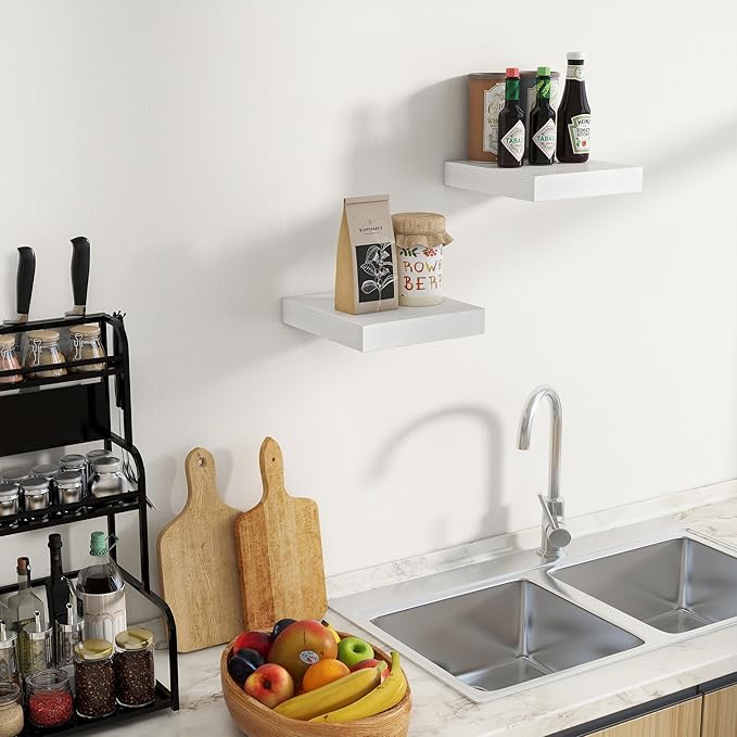 Fun Memories Floating Shelves for Wall 10 Inch, 10 Inch Deep Square Wall Shelves, Bathroom Storage Shelves Over Toilet, Wood Floating Shelves for Living Room Bedroom, White, Set of 2-Ruum Studio Home