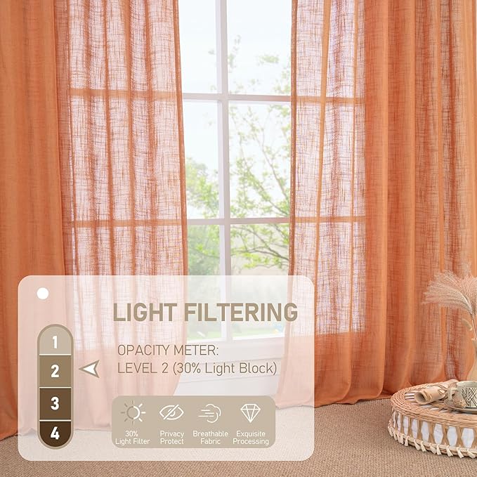 LAMIT Burnt Orange Linen Curtains for Living Room, 90 Inches Long Light Filtering Semi Sheer Panels Neutral Boho Farmhouse Drapes with Bronze Grommet for Living Room, 2 Panels, 52 x 90 Inch-Ruum Studio Home