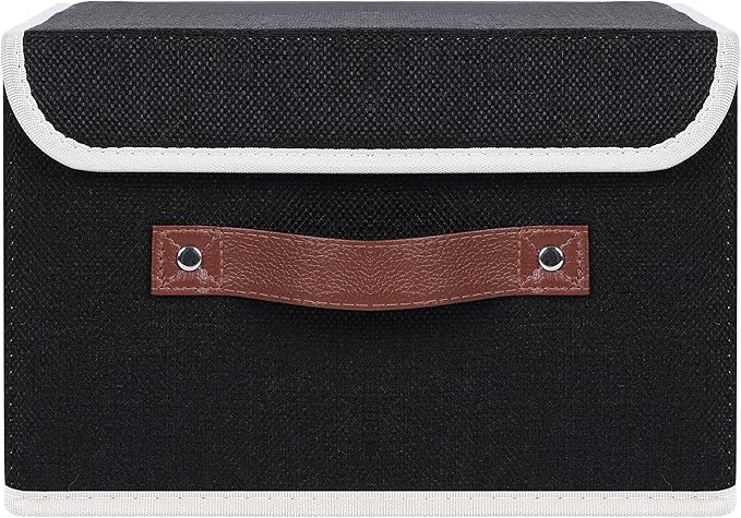 ANMINY Storage Bin with Lid Storage Boxes with PU Leather Handles PP Plastic Board Decorative Foldable Lidded Cotton Linen Fabric Home Cubes Baskets Closet Organizer Container - Black, Small Size-Ruum Studio Home