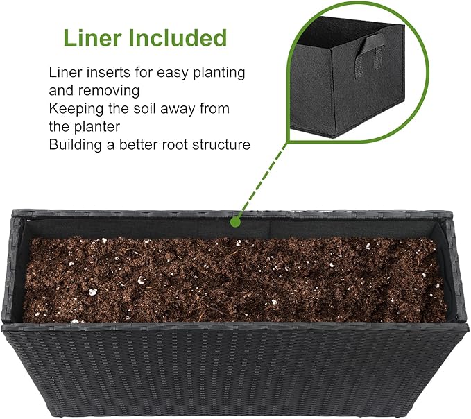 LEWIS&WAYNE Large Rectangular Block Planter Box Handmade Wicker Tall Planters for Outdoor Plants with Removable Liners Modern Planter for Indoor Outdoor Patio Deck - Black, 38''x11''x30''-Ruum Studio Home