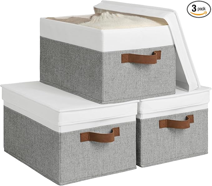 StorageWorks Large Storage Bins with Lids, Decorative Storage Boxes with Lid and PU Handles, Foldable Storage Baskets for Closet, Shelves, Stackable, Gray and White, 3-Pack-Ruum Studio Home