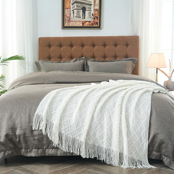inhand Knitted Throw Blankets for Couch and Bed, Soft Cozy Knit Blanket with Tassel, Off White Lightweight Decorative Blankets and Throws, Farmhouse Warm Woven Blanket for Men and Women, 60"x80"-Ruum Studio Home