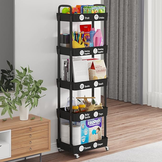 Laiensia Storage Cart,Multifunction Utility Rolling Cart Kitchen Storage Organizer,Mobile Shelving Unit Cart with Lockable Wheels for Bathroom,Laundry,with Classified Stickers-Ruum Studio Home