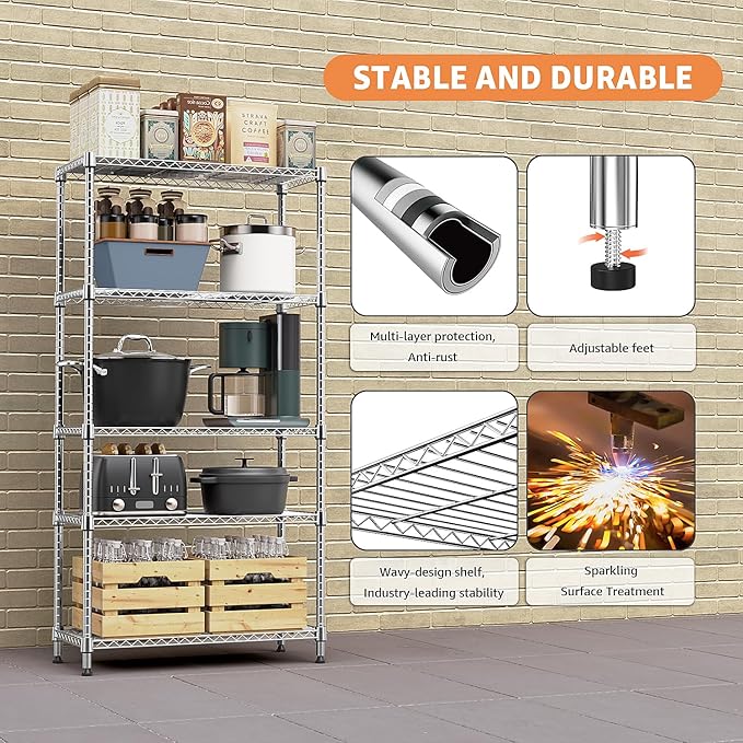 MZG 1750 lbs 5 Tier Storage Rack Metal Wire Shelving Unit, Storage Standing Household Shelf Organizer for Kitchen Pantry Closet Garage Basement Utility Room, Chrome 15.8" D x 45.3" W x 70.4" H-Ruum Studio Home