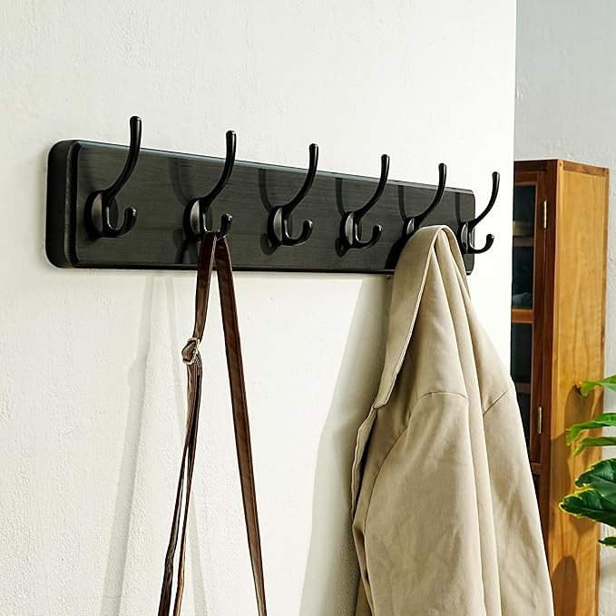 Dseap Wall Mounted Coat Rack: 24" Long, Patented, Heavy-Duty, 6-Double-Hooks Wooden Hanger Rail for Winter Coats, Hat, Jacket, Clothing - Black, Pack of 2-Ruum Studio Home