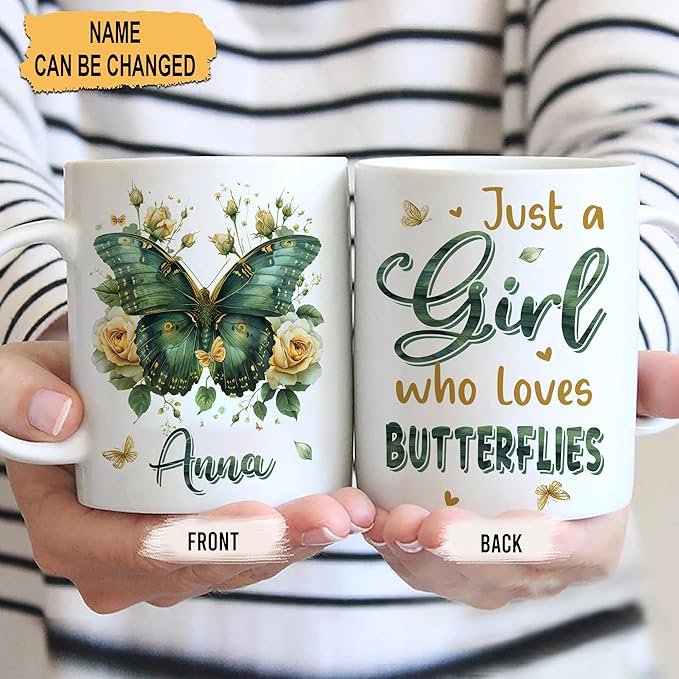 Hyturtle Personalized Floral Butterfly Mug - Butterfly Gifts For Women Lovers - Animal Gift For Bird Lover Her - Bird Gifts For Mom on Mother Day - Custom Name Coffee Cup Ceramic Mug 11 Oz 15 Oz-Ruum Studio Home