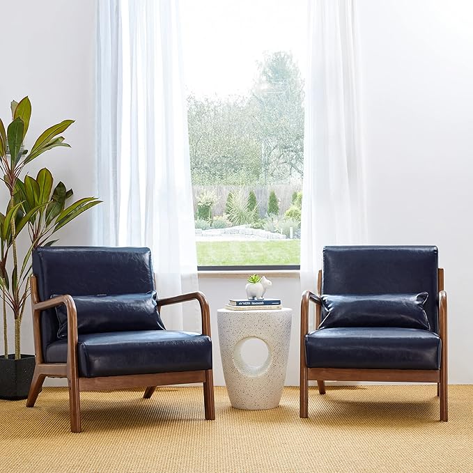 Glitzhome 2 Set Mid Century Navy Blue Accent Armchair, Single Reading Armchair PU Leather Lounge Chair with Walnut Ruberwood Frame-Ruum Studio Home