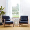 Glitzhome 2 Set Mid Century Navy Blue Accent Armchair, Single Reading Armchair PU Leather Lounge Chair with Walnut Ruberwood Frame-Ruum Studio Home