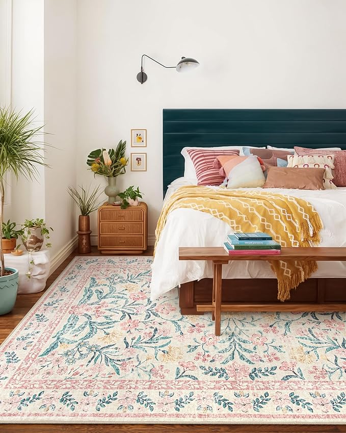 Wonnitar 8 x 10 Area Rugs for Living Room, Boho Large Washable Bedroom Rug 8x10, Soft Pink Floral Carpet Non Slip, Low Pile Indoor Carpet for Girls Room Playroom Nursery-Ruum Studio Home